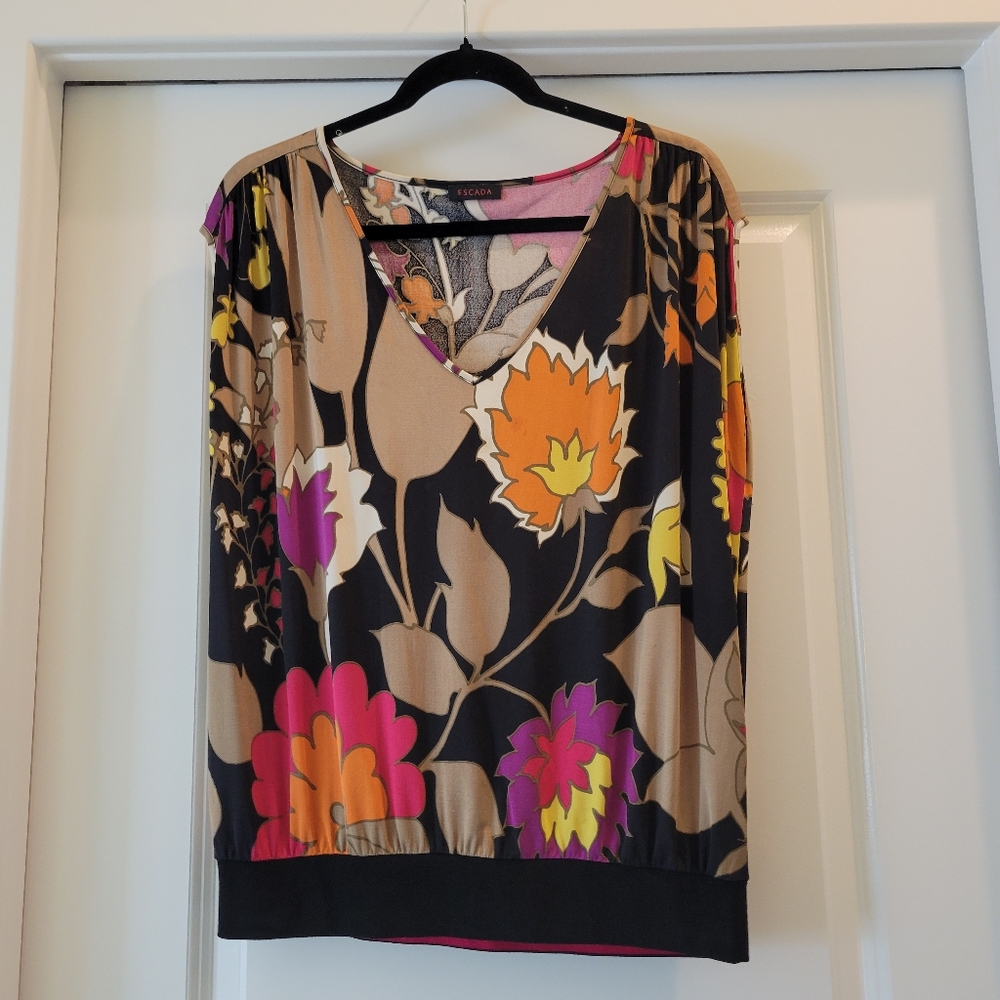 Escada Black Floral Women's Silk Blouse Size XL